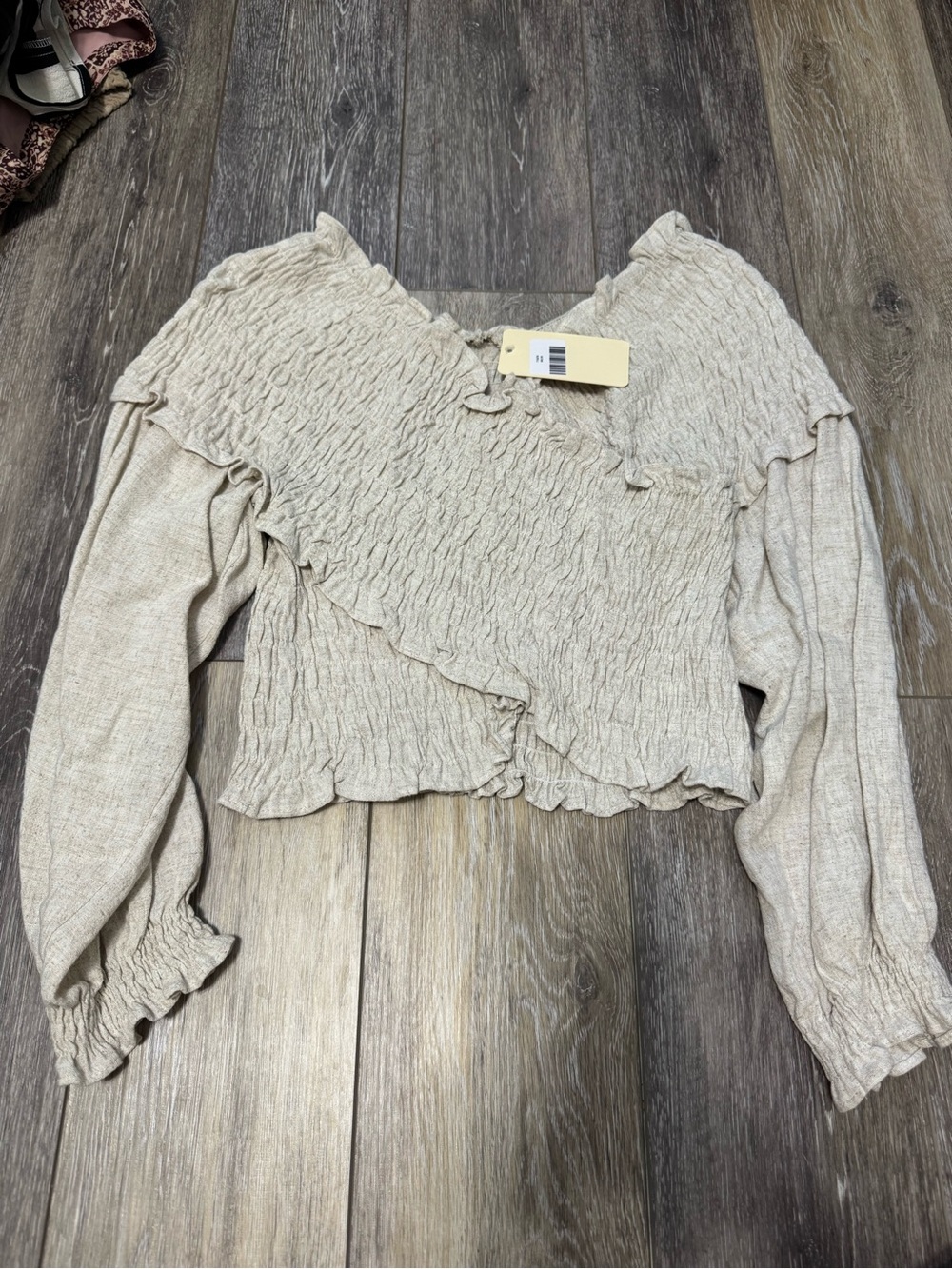 entro Neutral Beige Smocked Ruffle Crop Top